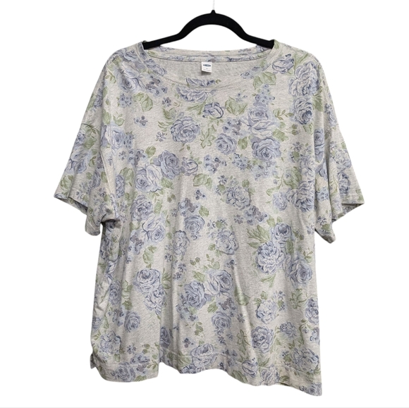 Old Navy Tops - Old Navy heathered grey purple flower and green leaf print relaxed tee XL